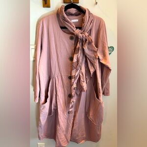 Pink Button-Up Long Coat with Scarf